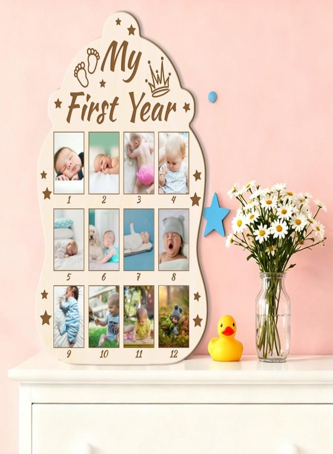 ORIGACH Baby Bottle Shape My First Year Baby Growth Photo Display Board, 12 Months Newborn Milestones Wood Keepsake Board for 1st Birthday & Nursery Decor,Crown & Footprint Pattern - Image 5
